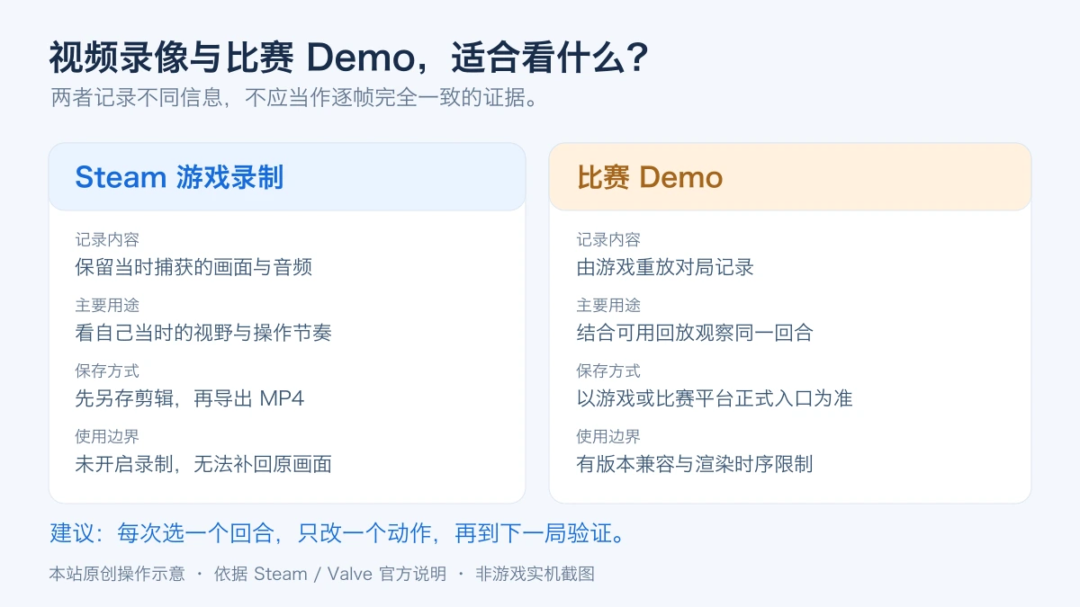 Steam录制视频与CS2比赛Demo在内容、用途和保存方式上的区别