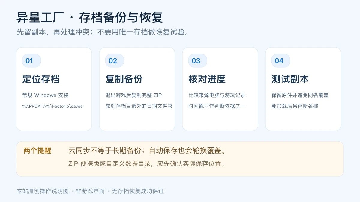 定位异星工厂存档、复制完整ZIP、核对游玩进度并测试副本的备份恢复流程