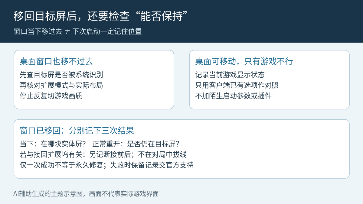 永劫无间双屏窗口恢复判断:桌面也不能移动先查系统,仅游戏失败记录显示状态,移回后分别核对当下、正常重开与扩展坞断接结果