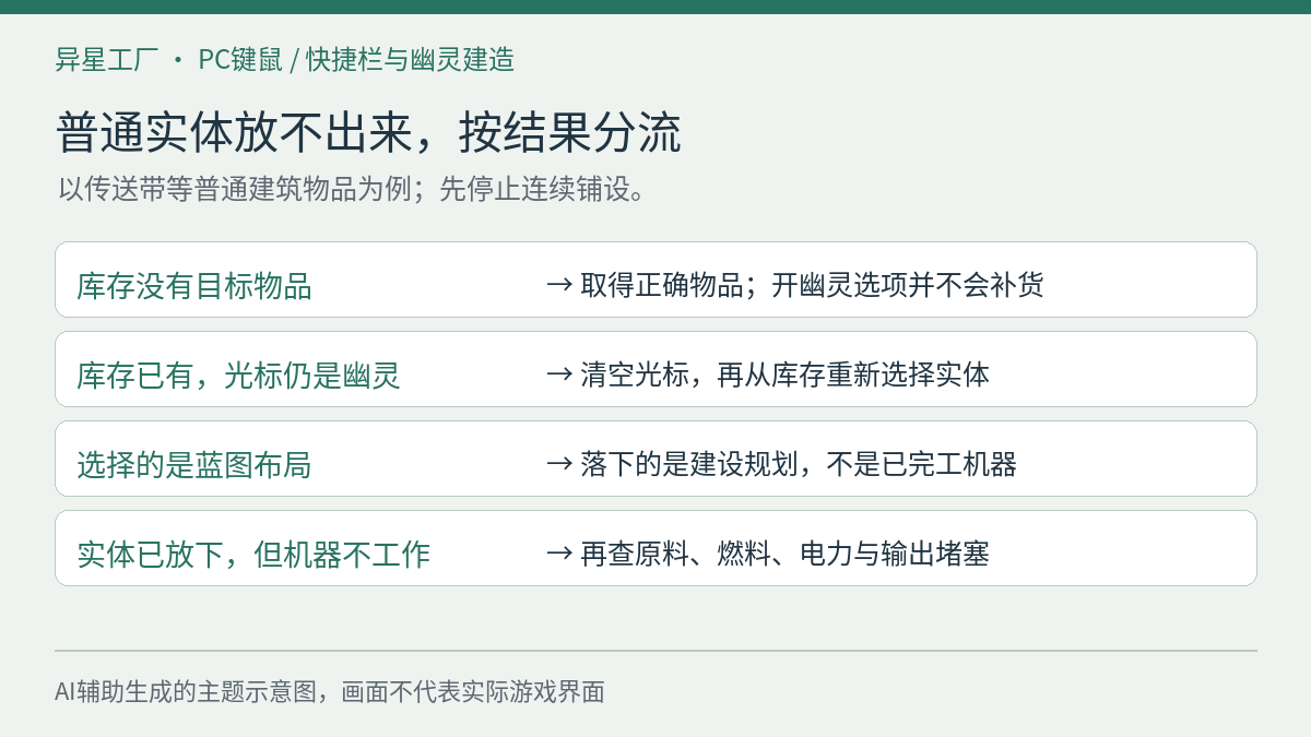 普通建筑放不出来的判断分流:缺库存先取得物品,幽灵光标需重新选实体,蓝图只是规划,实体停工再查生产