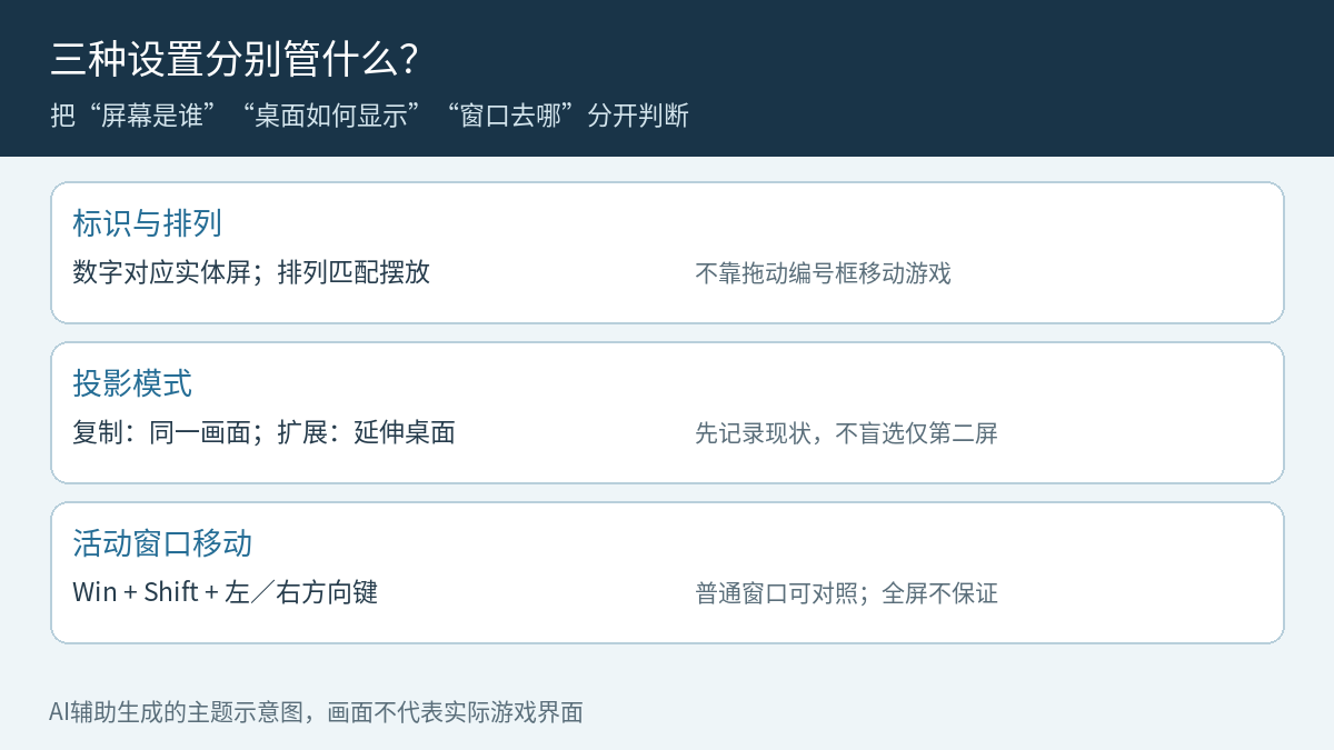 多显示器三层对照:标识与排列辨认实体屏,复制与扩展决定桌面形式,Win加Shift方向键尝试移动活动窗口