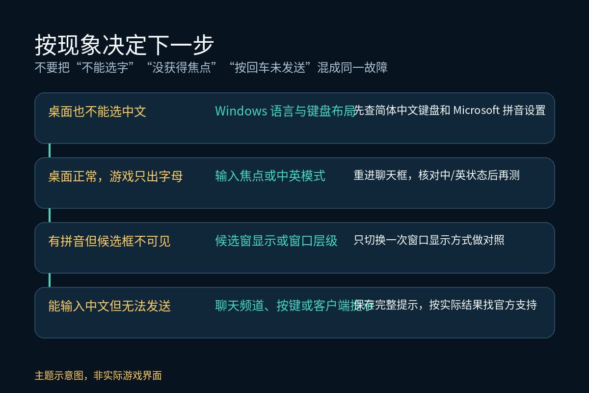 梦幻西游电脑版聊天输入异常按现象分流示意:系统布局、输入焦点、候选窗显示和发送动作
