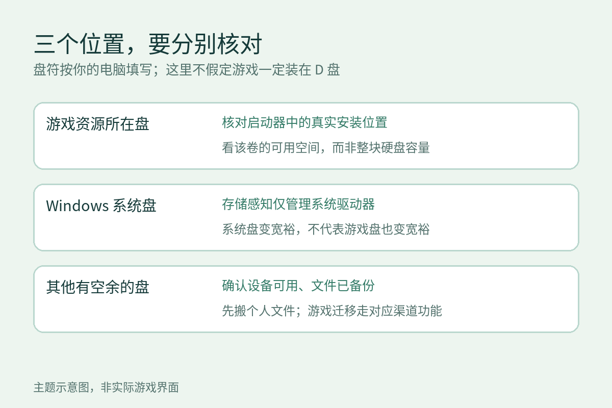 燕云十六声空间不足时分别核对游戏资源盘、Windows系统盘及其他可用盘,不把系统盘清理当作游戏盘容量增加
