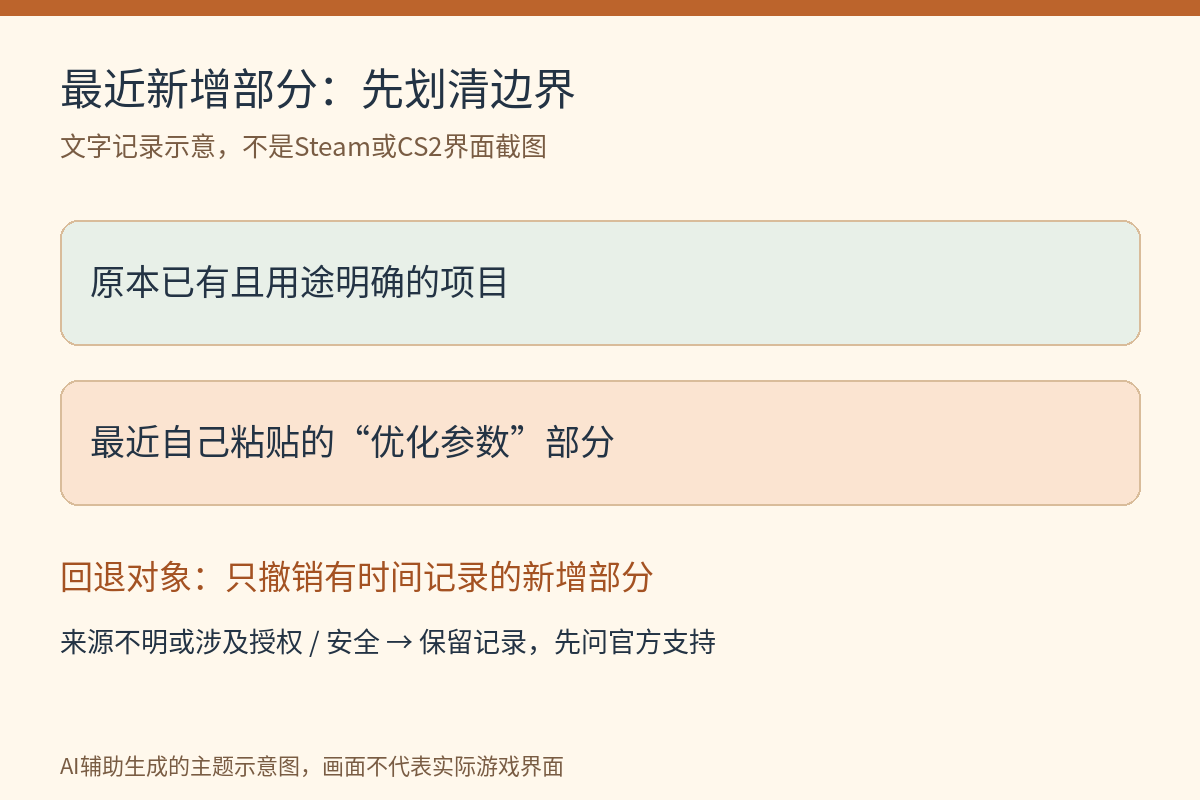CS2启动选项回退边界示意:分开记录原本已有项目与最近自行添加部分,不明授权或安全内容先交官方核对