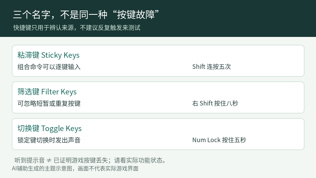 Windows粘滞键、筛选键和切换键对照:逐键组合命令、忽略短暂重复按键与锁定键声音分别对应不同功能和快捷键