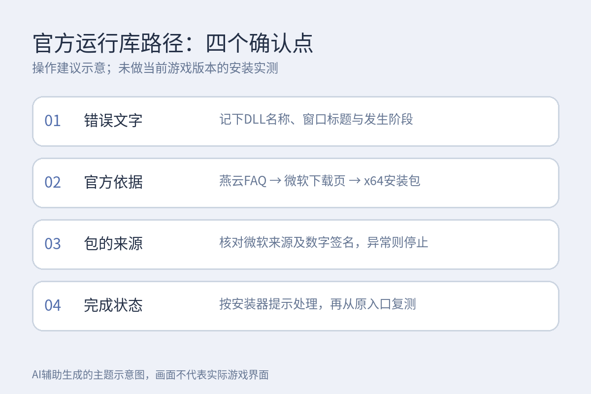 燕云缺MSVCP140.dll时的四个确认点:完整错误、官方x64依据、微软包签名及完成后原入口复测
