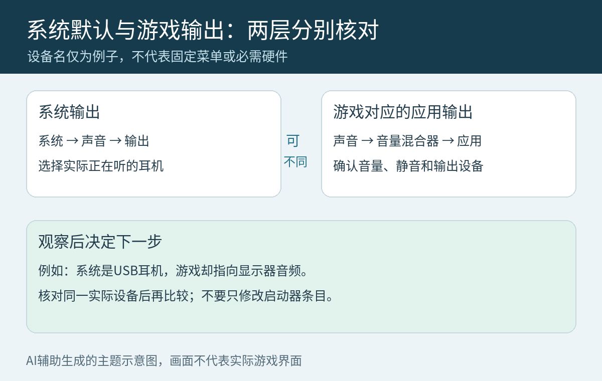 Windows系统默认与永劫无间单应用输出示意:分别核对实际耳机、混合器音量与游戏输出设备