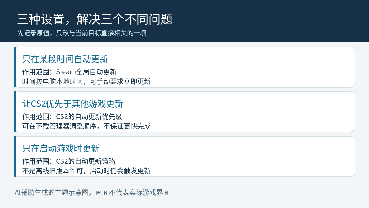 Steam更新三层设置的作用范围:全局本地时间窗口、CS2高优先级和仅在启动时更新,分别影响时段、顺序及触发方式