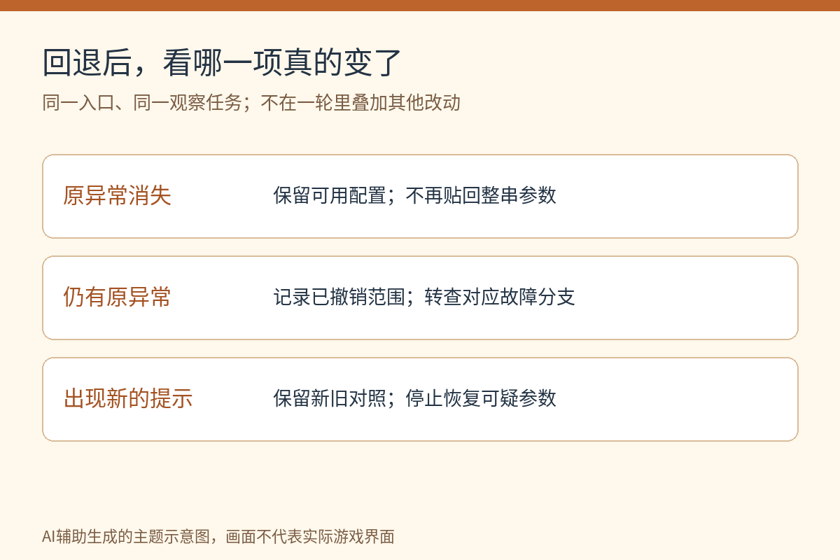CS2启动参数撤销后结果判断:原异常消失保留可用配置,仍异常转查原分支,新提示保留对照并停止恢复可疑参数