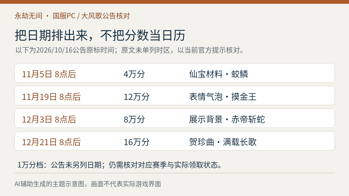 按公告日期排列的宝华分奖励对照:11月5日4万分、11月19日12万分、12月3日8万分、12月21日16万分,1万分档未另列日期