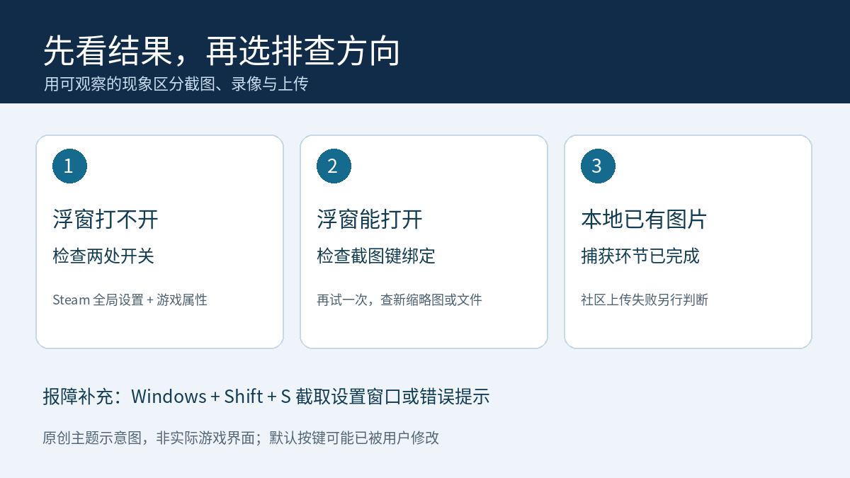 CS2截图排查分支示意:浮窗打不开检查两处开关,浮窗能打开检查截图键,本地已有图片则另查上传