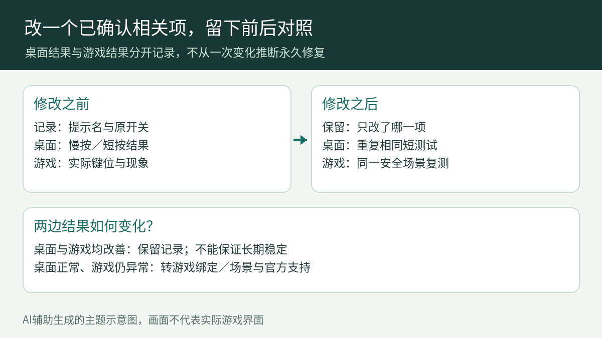 辅助键检查前后记录:保留原开关和桌面慢按短按结果,只改一项后分别复测桌面输入与同一游戏动作,再按变化分流
