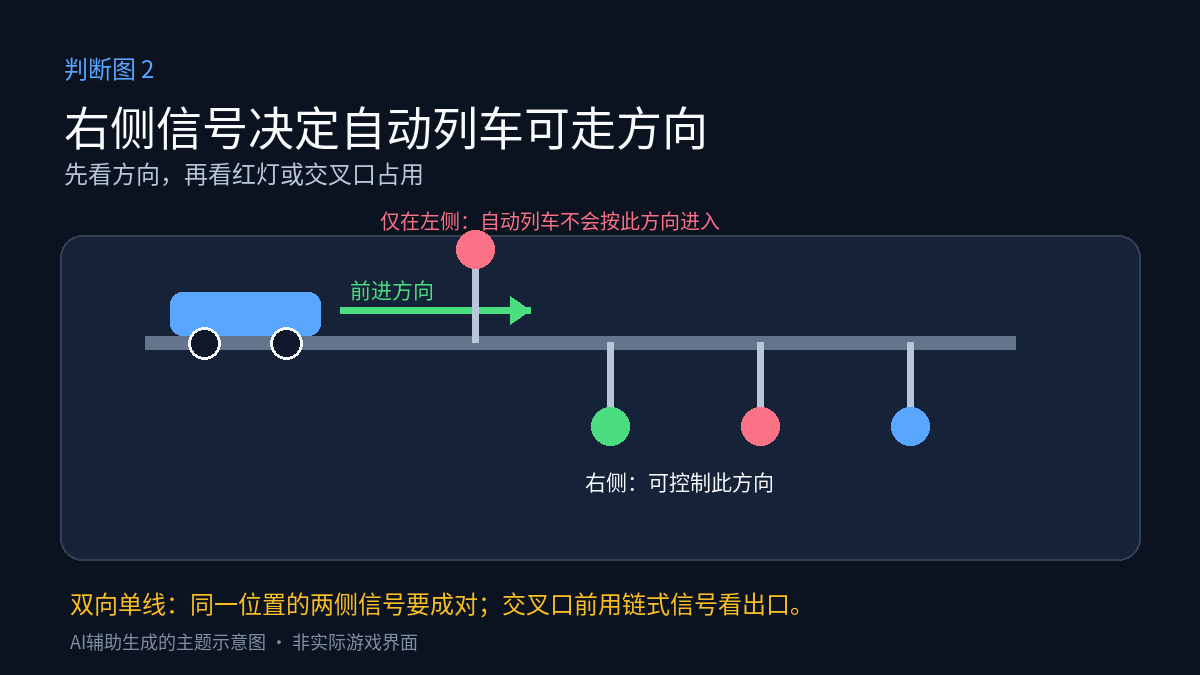 异星工厂铁路信号方向示意:列车前进时右侧信号控制该方向,只有左侧信号会阻止自动列车进入,双向线需成对