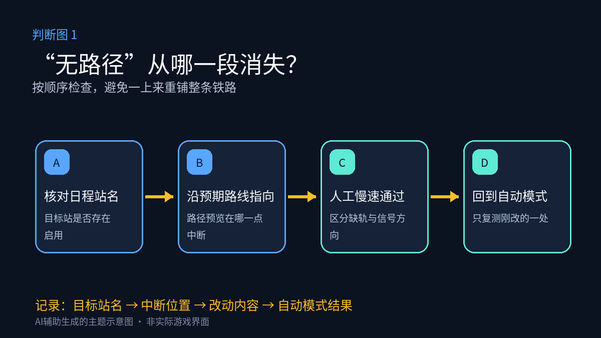 异星工厂列车无路径四步判断图:核对日程站名、沿预期路线定位中断、人工慢速通过、回到自动模式复测